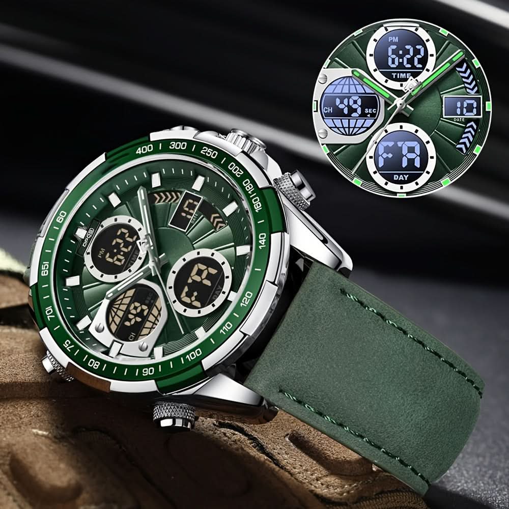 Men's Dual Display Quartz Watch, Waterproof, Leather Band