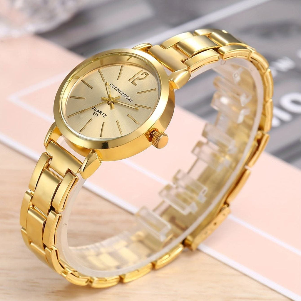 Women's Hip-Hop Golden Quartz Watch & Love Bangle Set