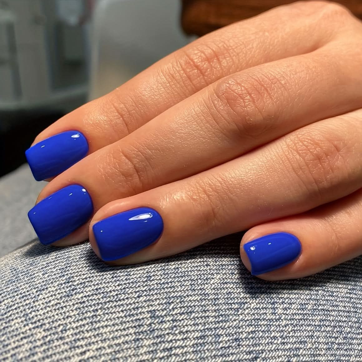 24 Pcs Blue Short Press-On Nails – Solid Color Acrylic Fake Nails for Women & Girls