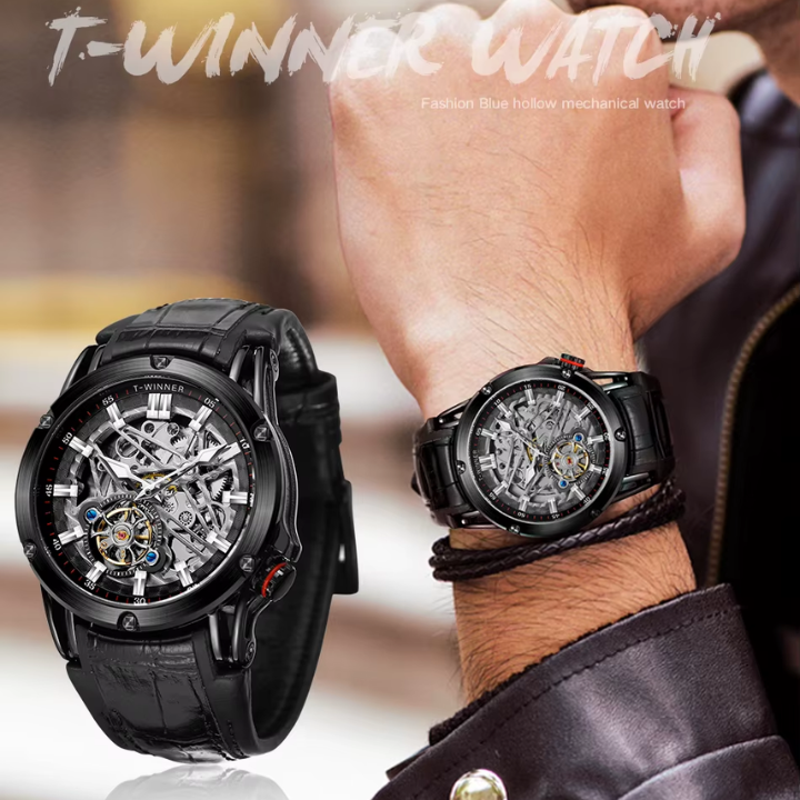 T-Winner Men’s Automatic Mechanical Watch – Elegant Leather Strap, Luminous Skeleton Dial