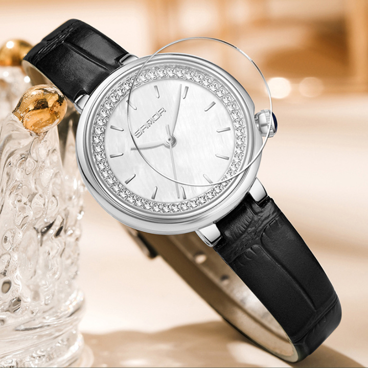 Sanda Women’s Leather Quartz Watch – Diamond Accent Small Dial, Waterproof Analog Watch