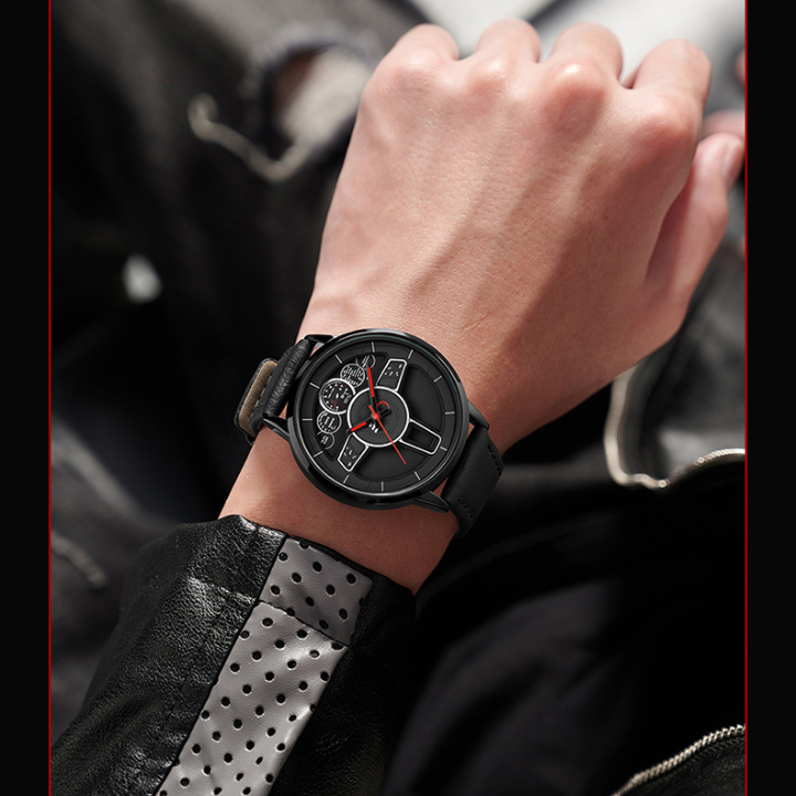 SANDA Steering Wheel Men’s Quartz Watch – Leather Strap Waterproof Business Wristwatch