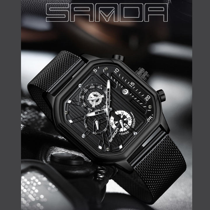 SANDA Men's Mesh Steel Square Quartz Watch – Multifunction Calendar Waterproof Timepiece