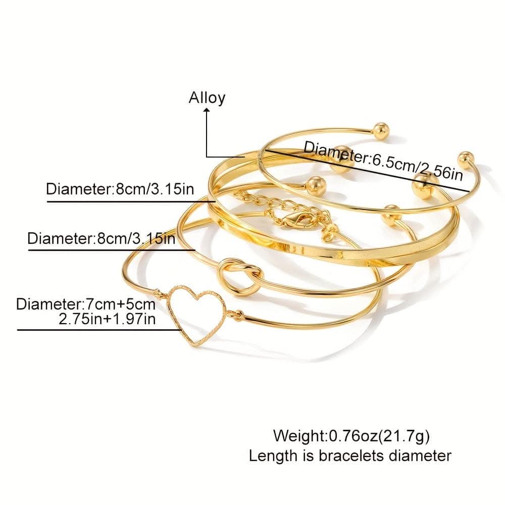 4pcs Golden Knotted Love Cuff Bangle Set – Stackable Alloy Bracelets