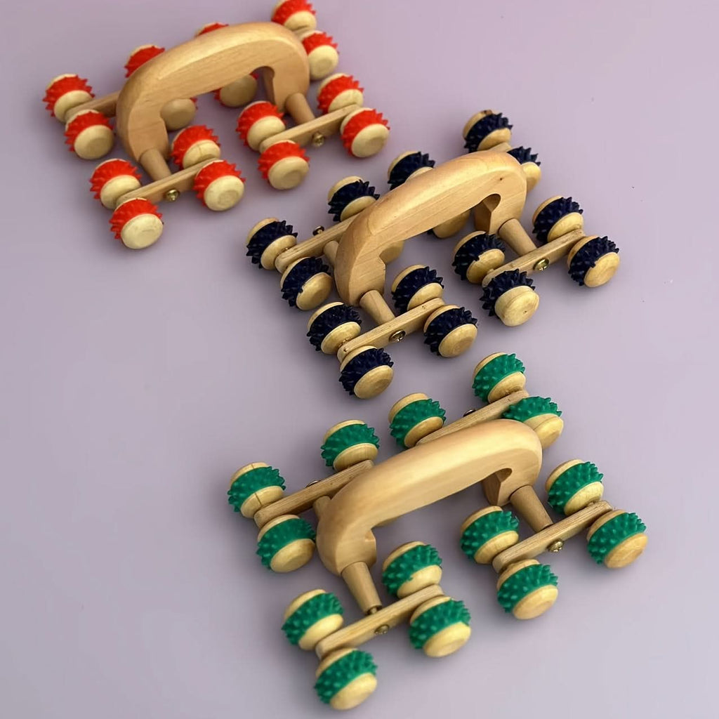 Wooden Massage Roller for Full Body Stress Relief - 16-Wheel Handheld Massager