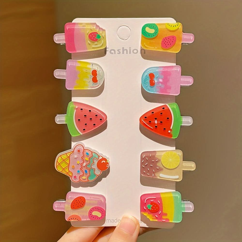 10pcs Cute Cartoon Popsicle Hair Clips – Colorful Acrylic Hair Accessories