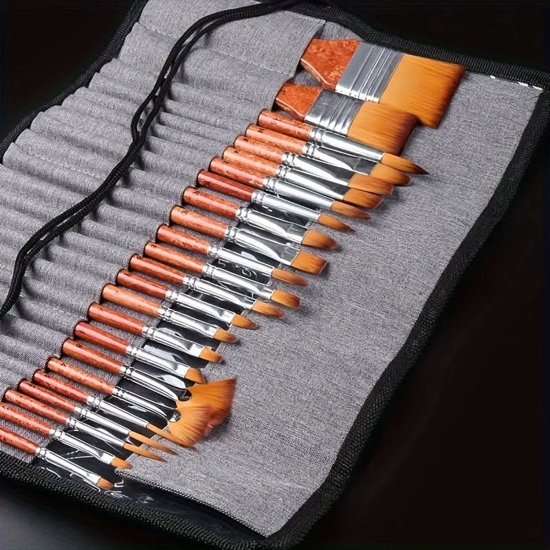 24-Piece Nylon Brush Set – Portable Canvas & Art Brushes for Watercolor