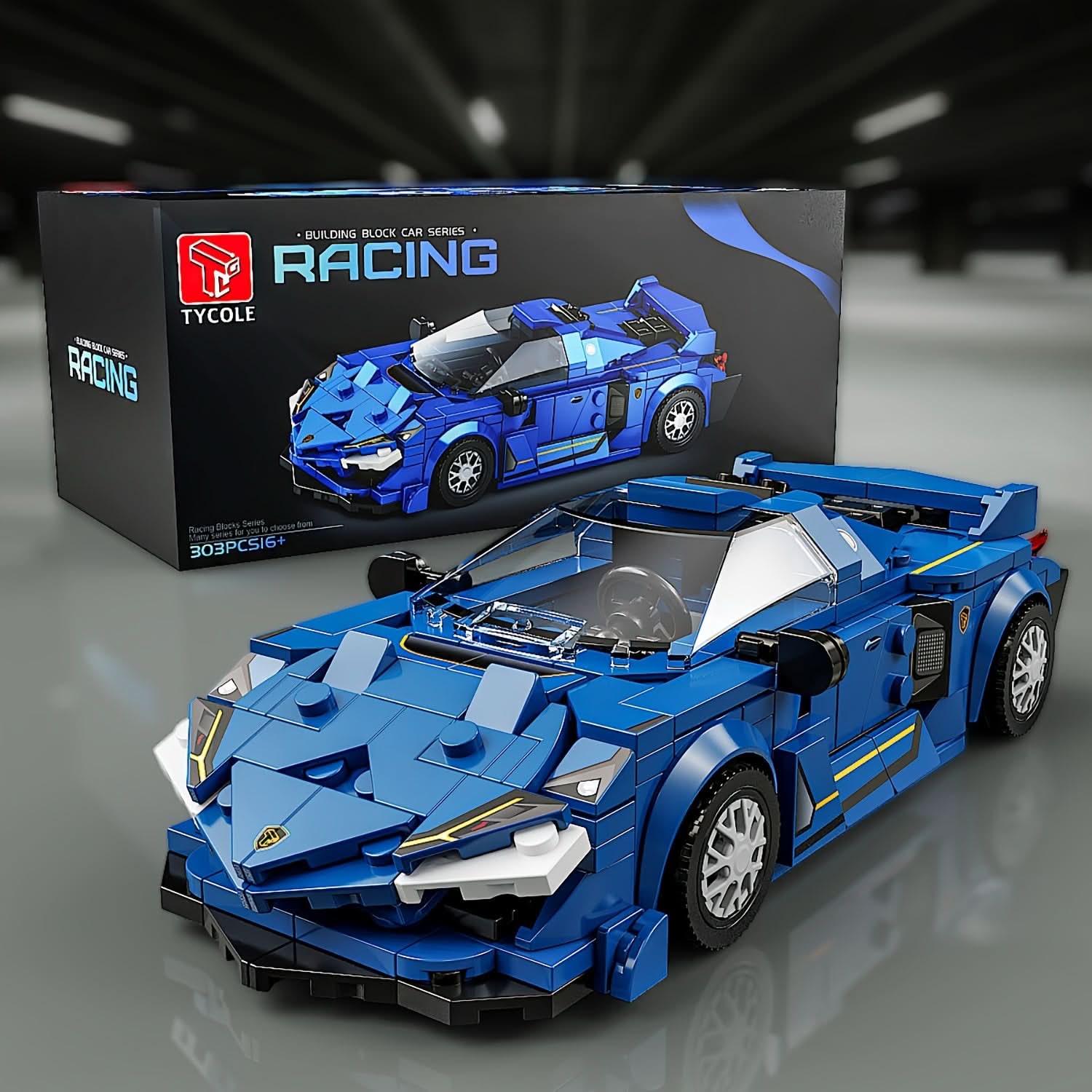 303-Piece Blue Sports Car Building Set with Display Case