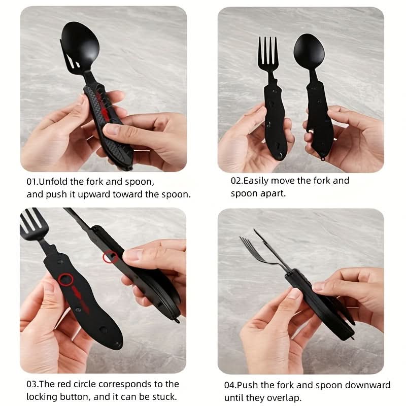 4-in-1 Stainless Steel Camping Utensils Set – Fork, Spoon, Knife, Bottle Opener