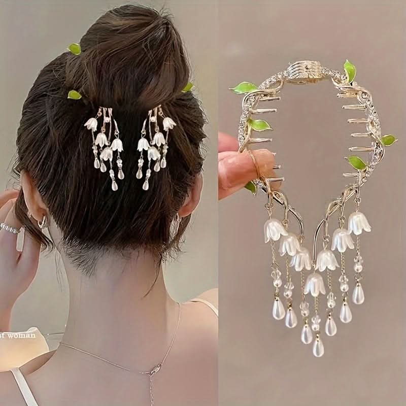 Floral Leaf Hair Clip with Tassel for Updos