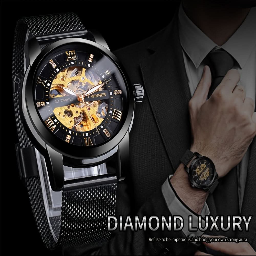 Men’s Rhinestone Mesh Watch- Hollow Dial