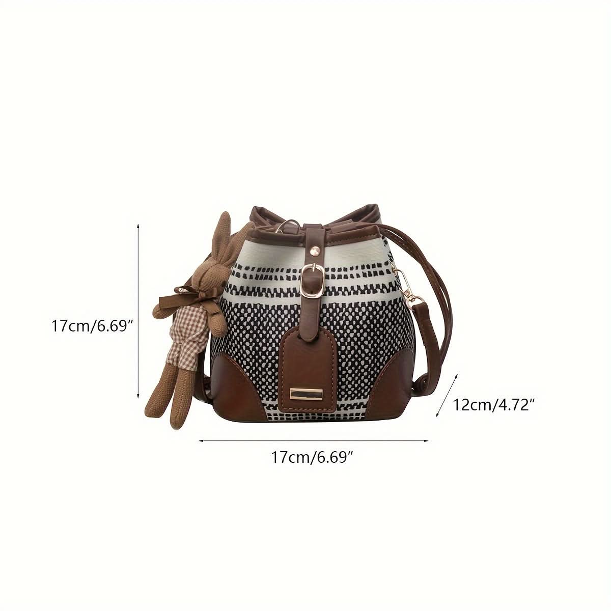 Women's Mini Contrast Color Canvas Shoulder Bag with Bunny Pendant