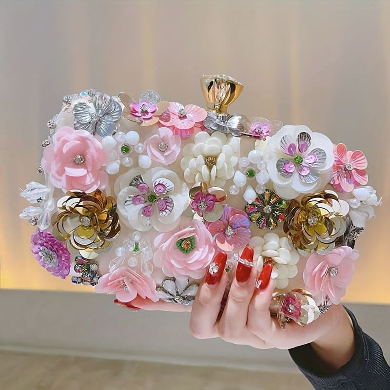 Black 3D Beaded Flower Clutch – Party Bag