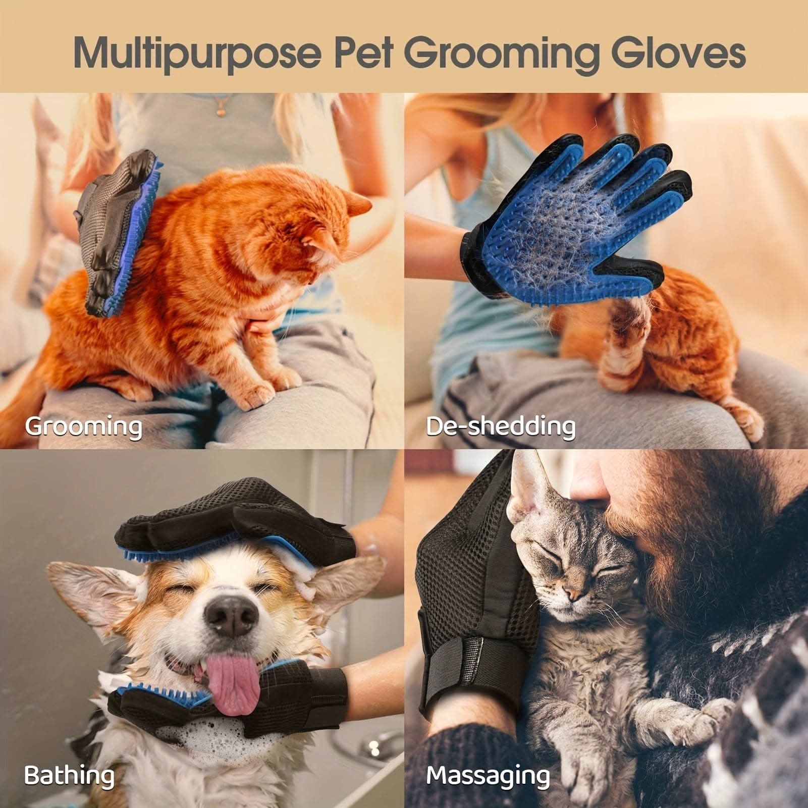 2pcs Deluxe Pet Grooming Gloves with Soft Bristle Mitts