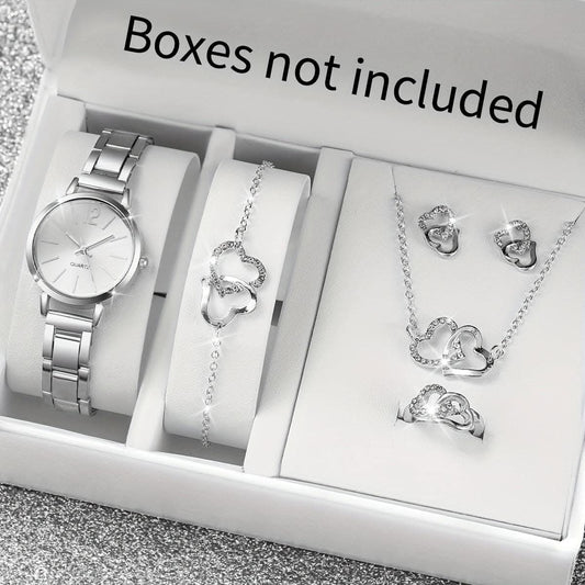 6pcs Women's Quartz Watch & Heart Rhinestone Jewelry Set