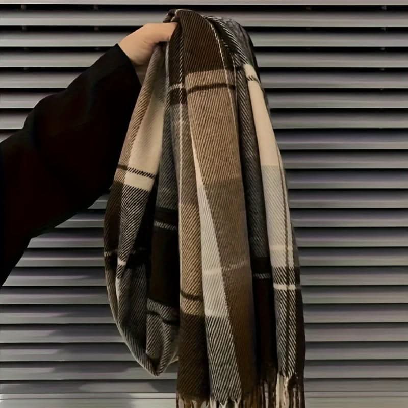 Men's Handmade Plaid Scarf with Tassels – Warm, Knitted Polyester for Fall/Winter