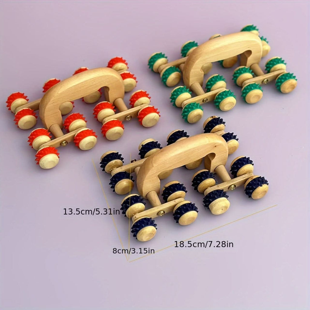 Wooden Massage Roller for Full Body Stress Relief - 16-Wheel Handheld Massager