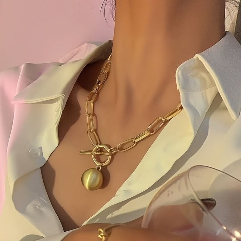 Trendy Golden Thick Chain Necklace – with Big Brushed Ball Pendant