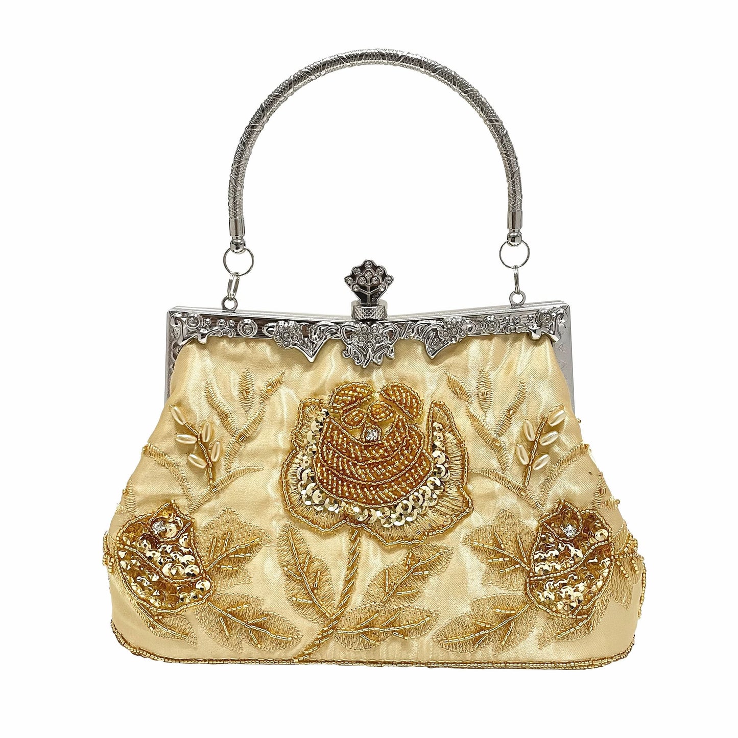 Vintage Floral Beaded Clutch, Satin Evening Bag