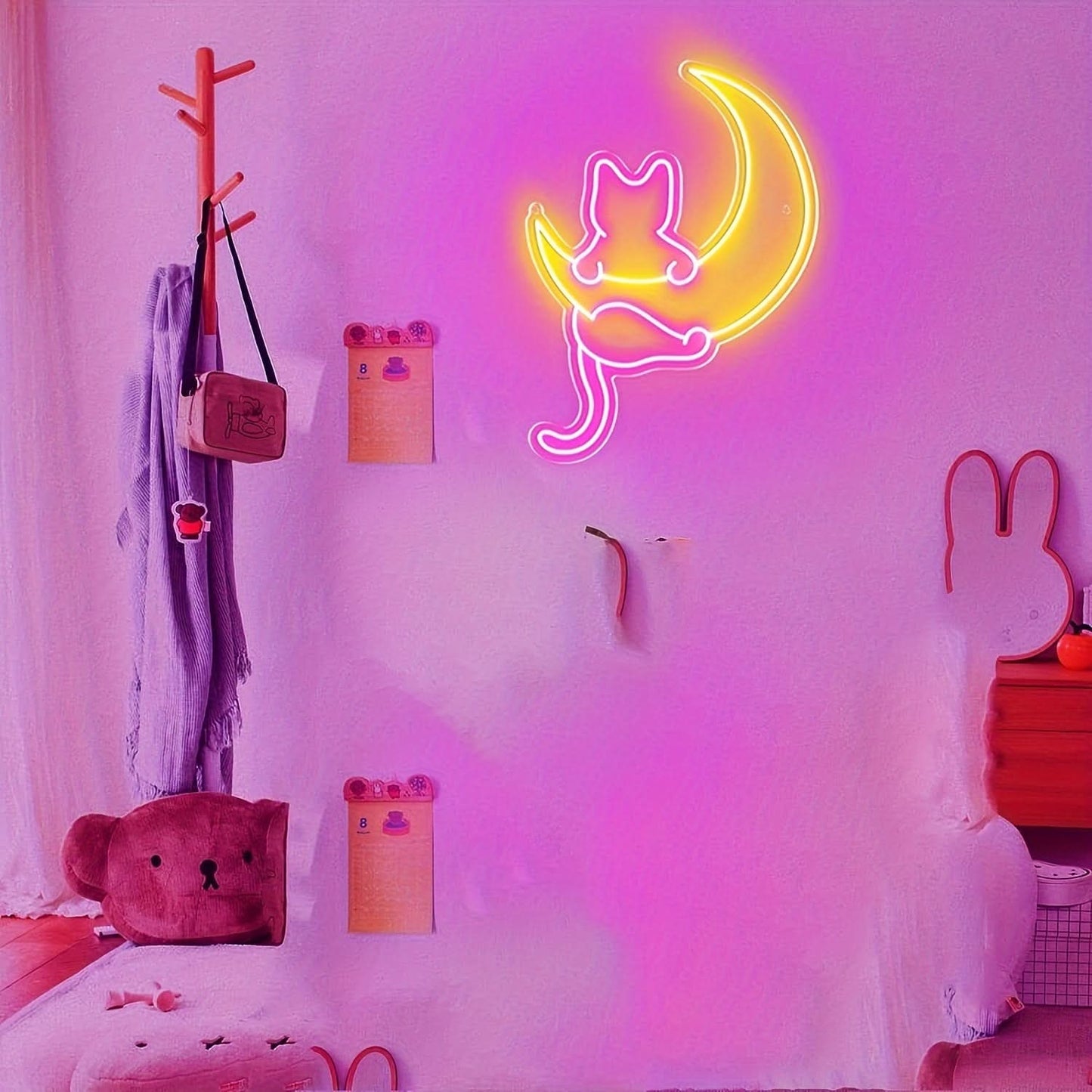 Customizable Cat & Moon Neon Sign - LED Wall Art, USB Powered, Dimmable