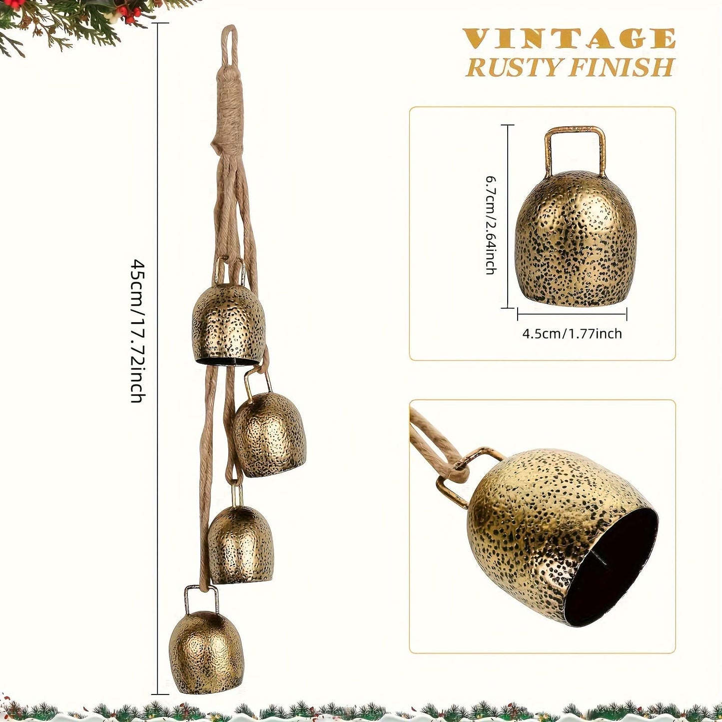 Rustic Iron Christmas Bell Chime, Indoor/Outdoor Decor