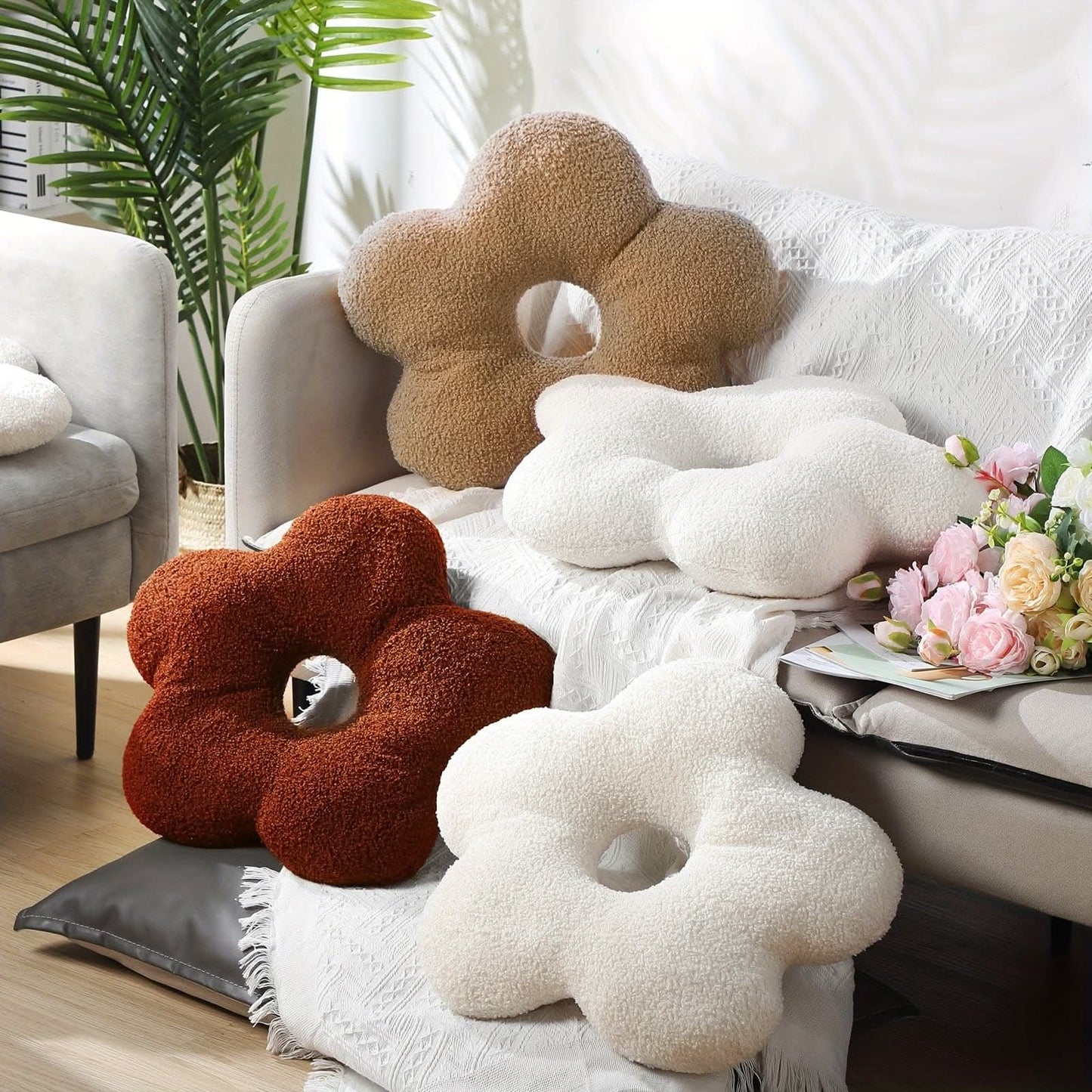 3 Pcs Flower Spherical Plush Throw Pillows