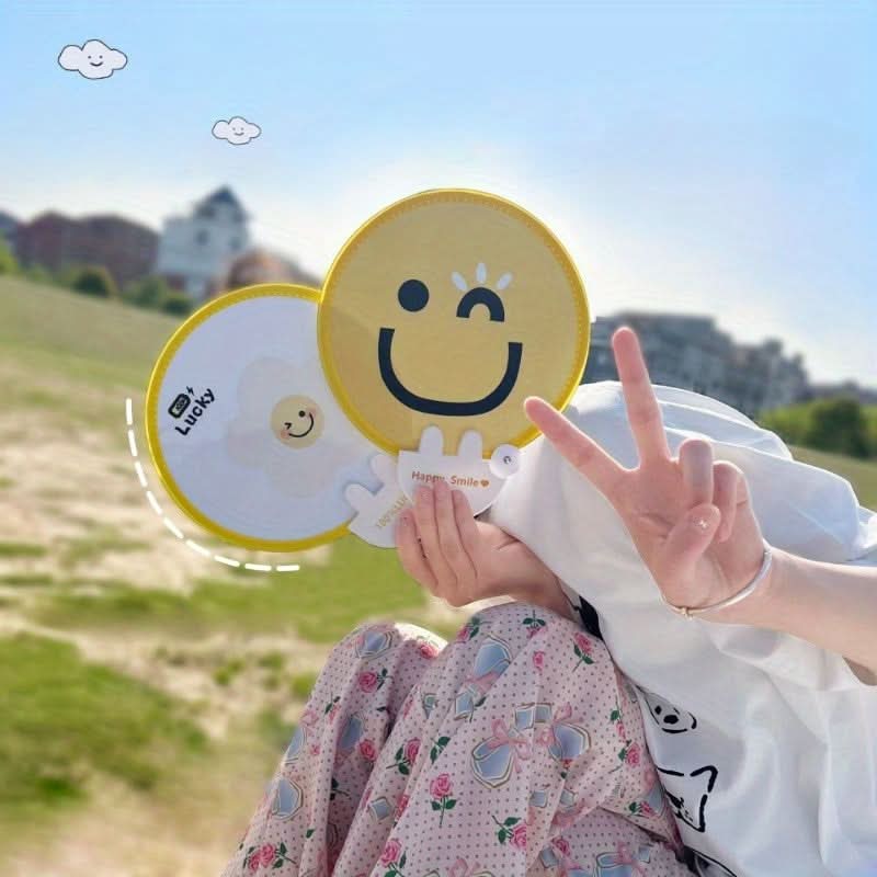2pcs Cute Cartoon Face Handheld Fans – Portable Foldable Plastic Fan