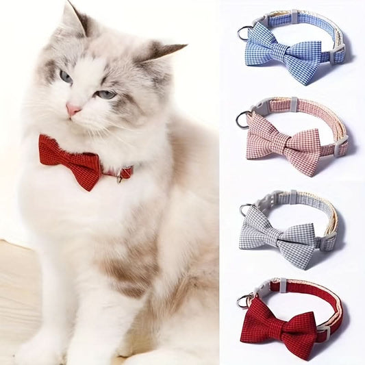 Adjustable Plaid Cat Collar with Bow Tie