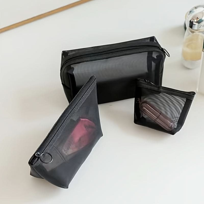 3-Piece Set Nylon Mesh Makeup Bags - Lightweight Travel Organizers