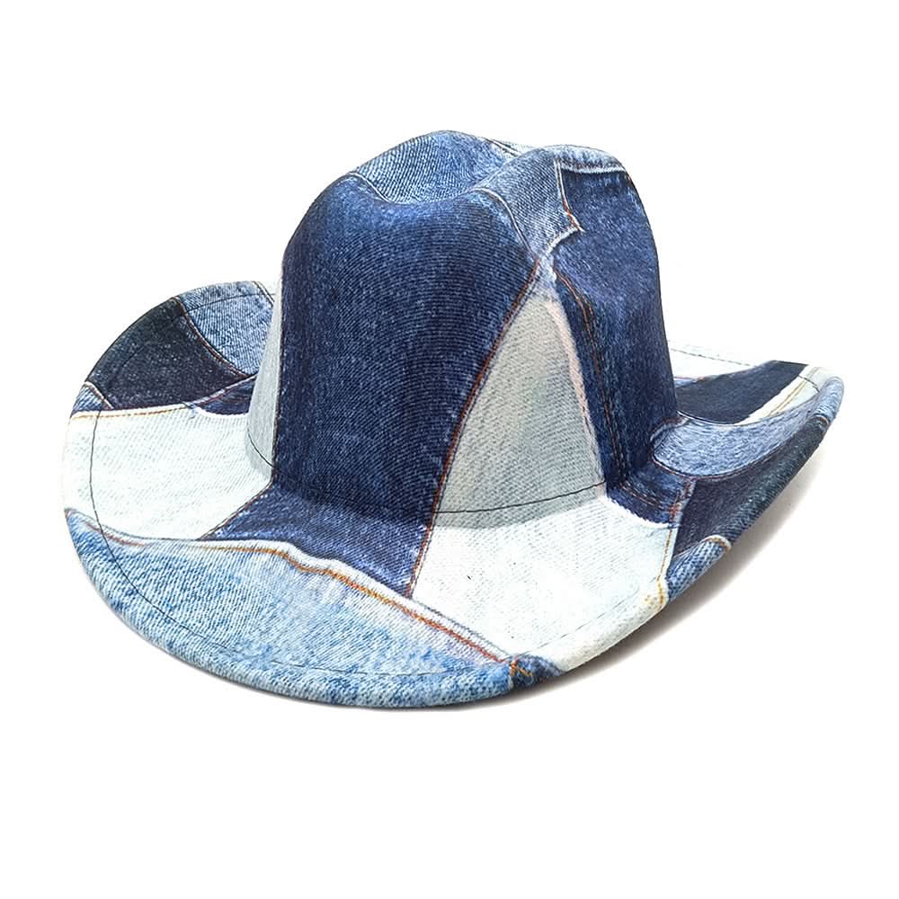 Denim Patchwork Fedora Hat – Unisex Wide Brim Jazz Cap, Lightweight & Washable