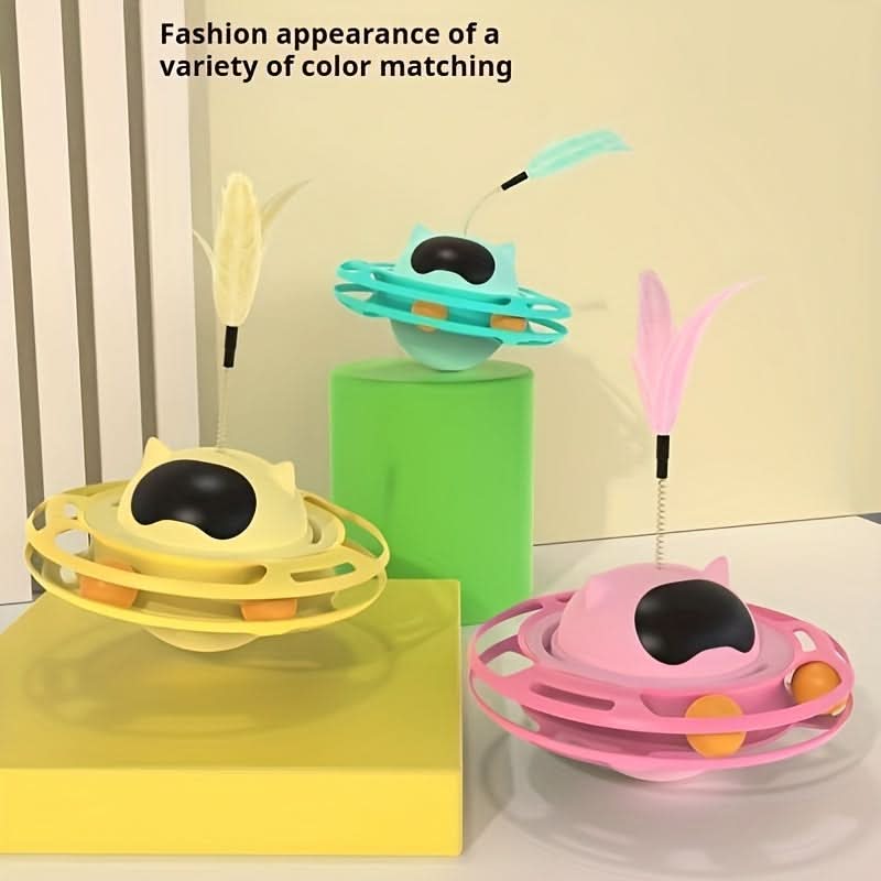 Interactive UFO Cat Toy with Feather Teaser– Non-Tipping Self-Play Pet Toy