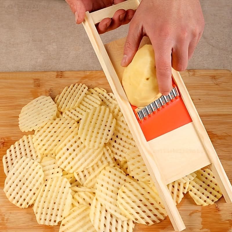 Stainless Steel Waffle Fry Slicer with Natural Wood Handle