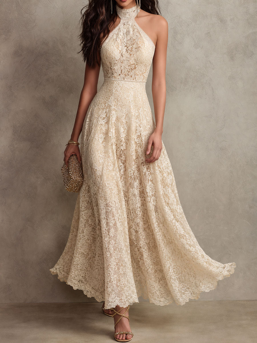 Retro Eelgant Ivory Lace Halter Evening Maxi Dress