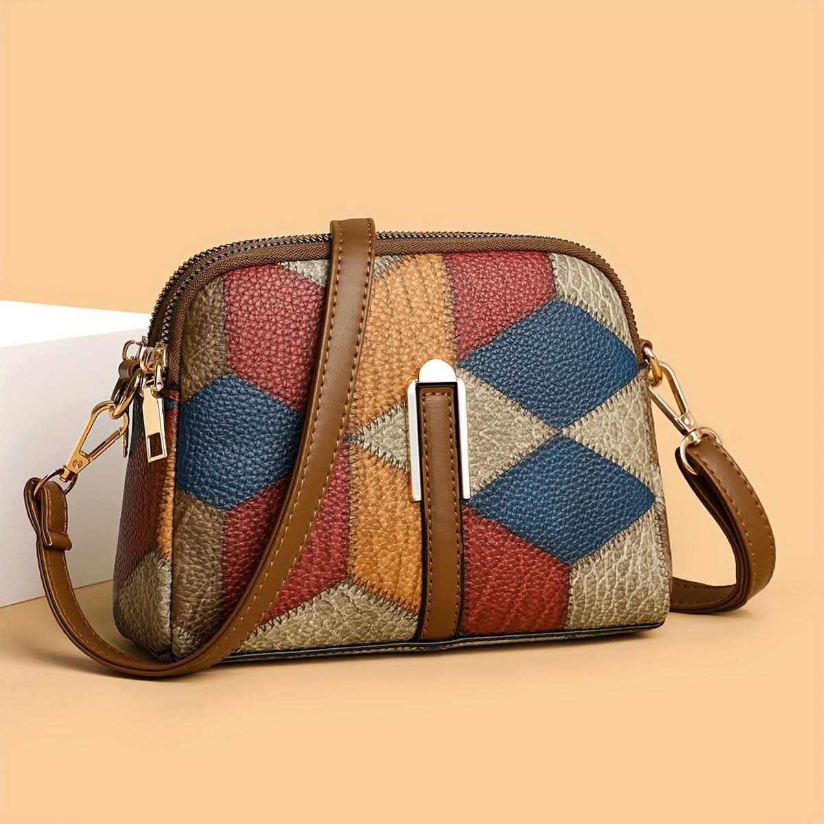 Mini Colorblock Crossbody Bag – Retro Rhombus Print