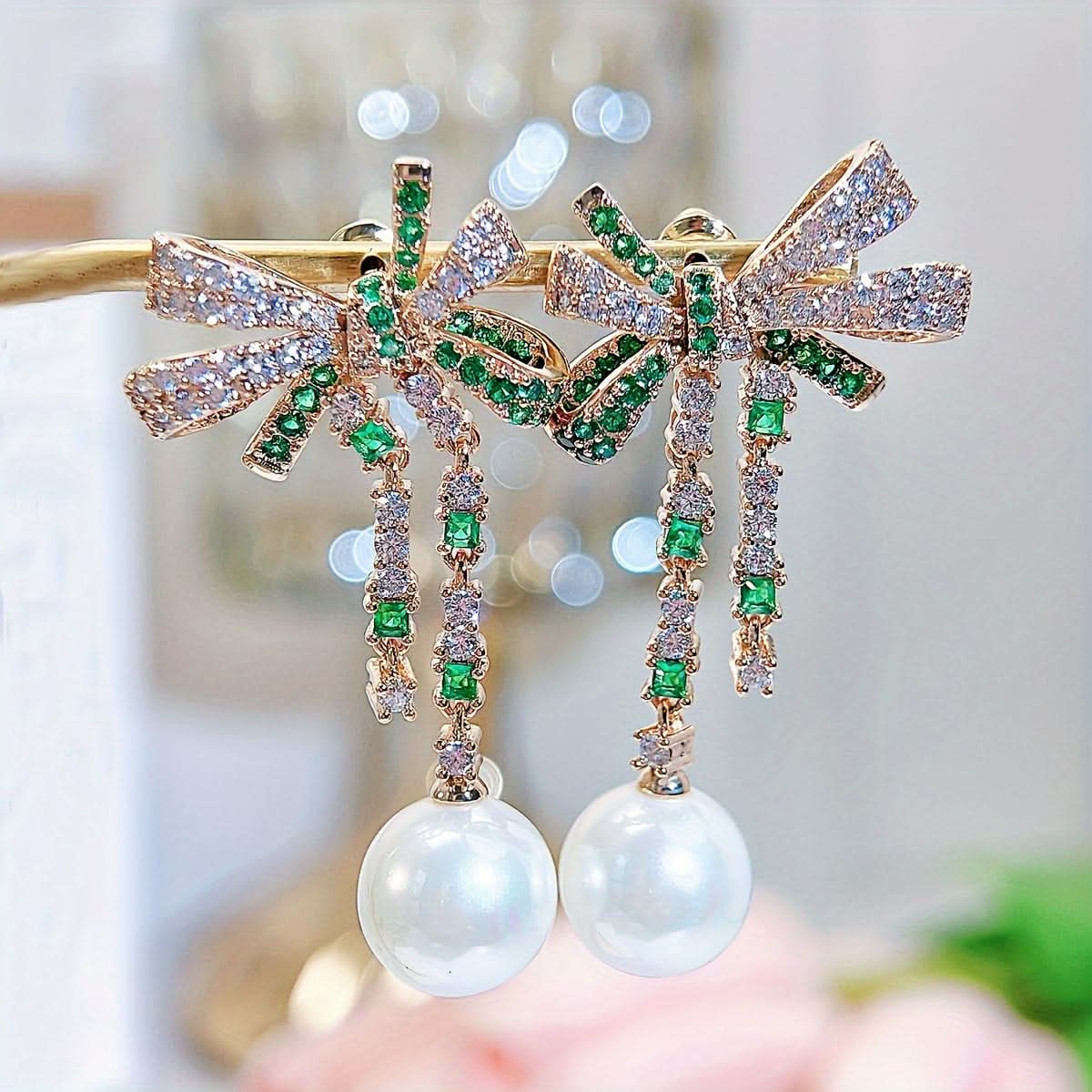 Faux Pearl Bow Dangle Earrings with Zircon