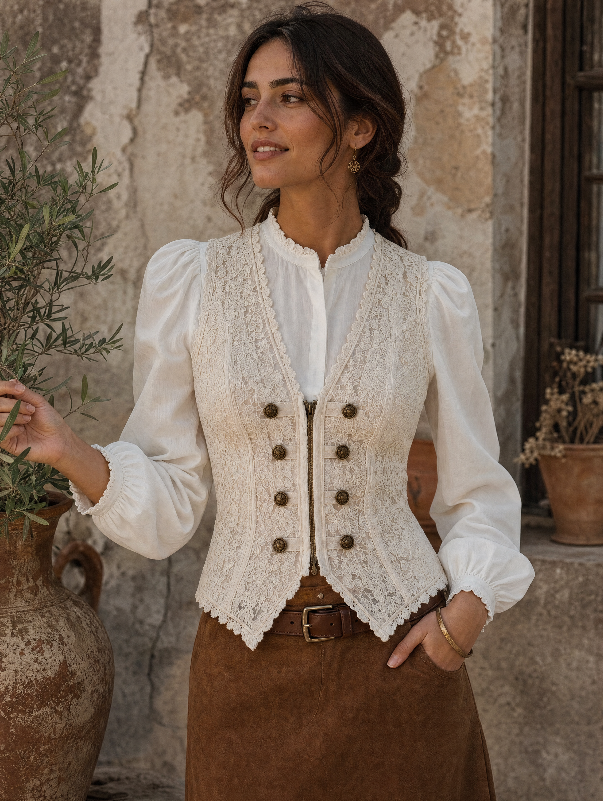 Boho Romantic Cream Floral Lace Double Breasted Corset Vest