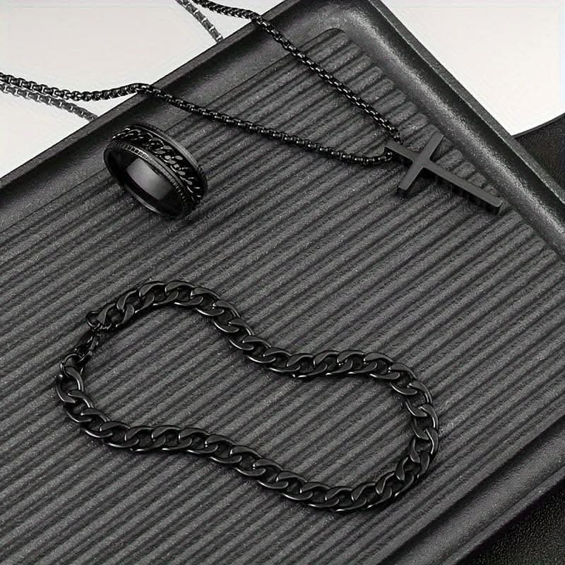 3pcs Men's Stainless Steel Jewelry Set – Cross Necklace, Bracelet, Ring