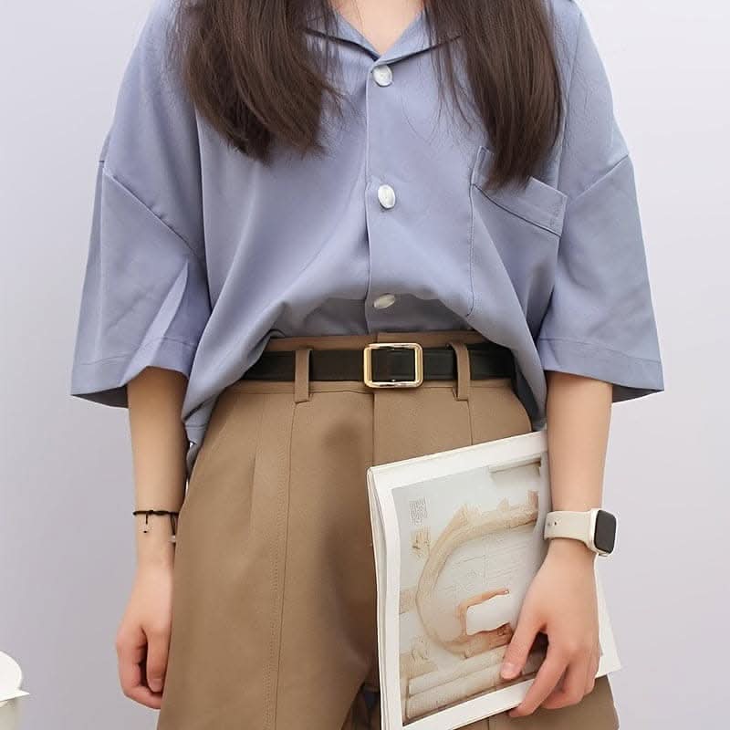 Vintage-Inspired Golden Square Buckle Belt – Classic PU Waistband