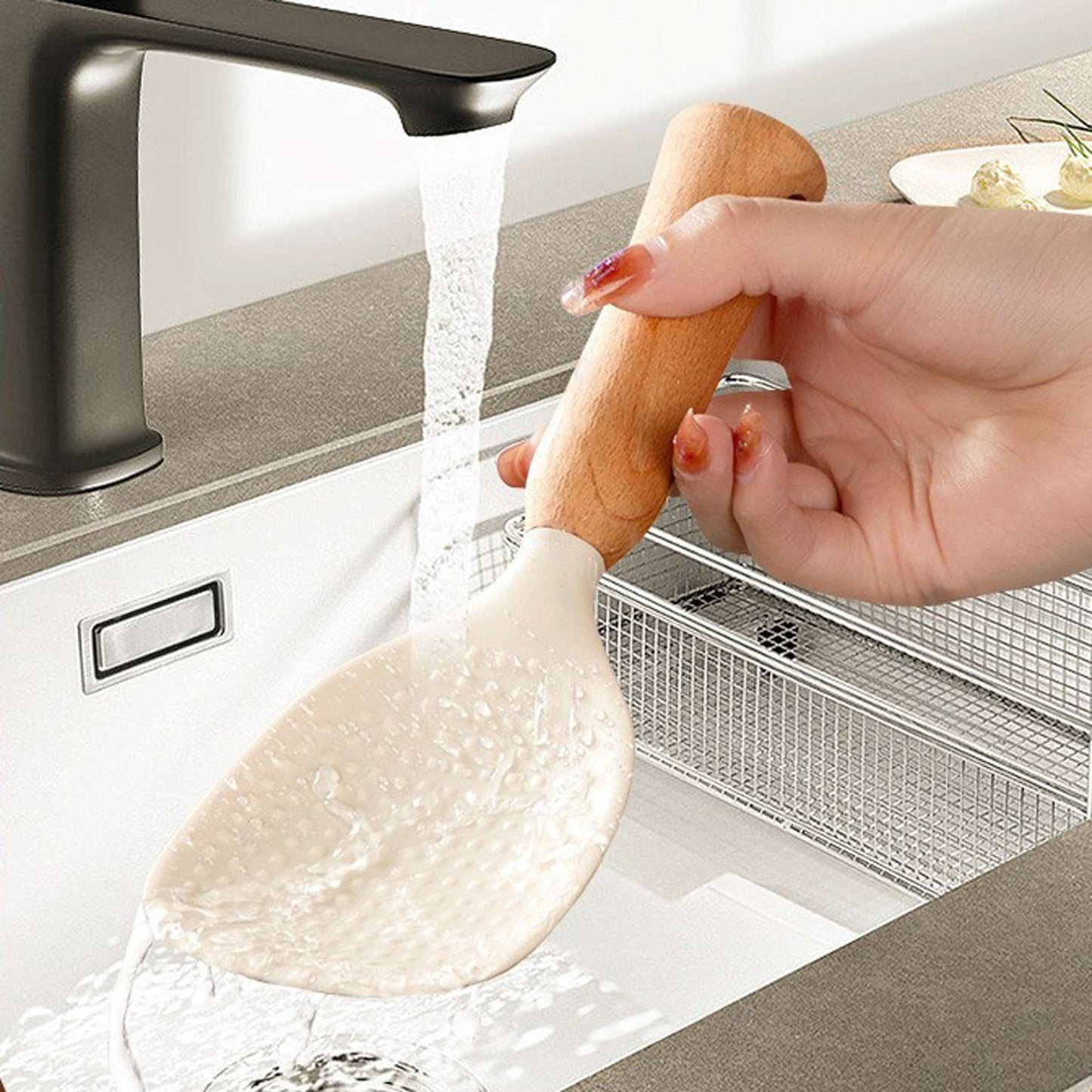 Premium Silicone Rice Spoon with Wooden Handle – Non-Stick & Heat-Resistant