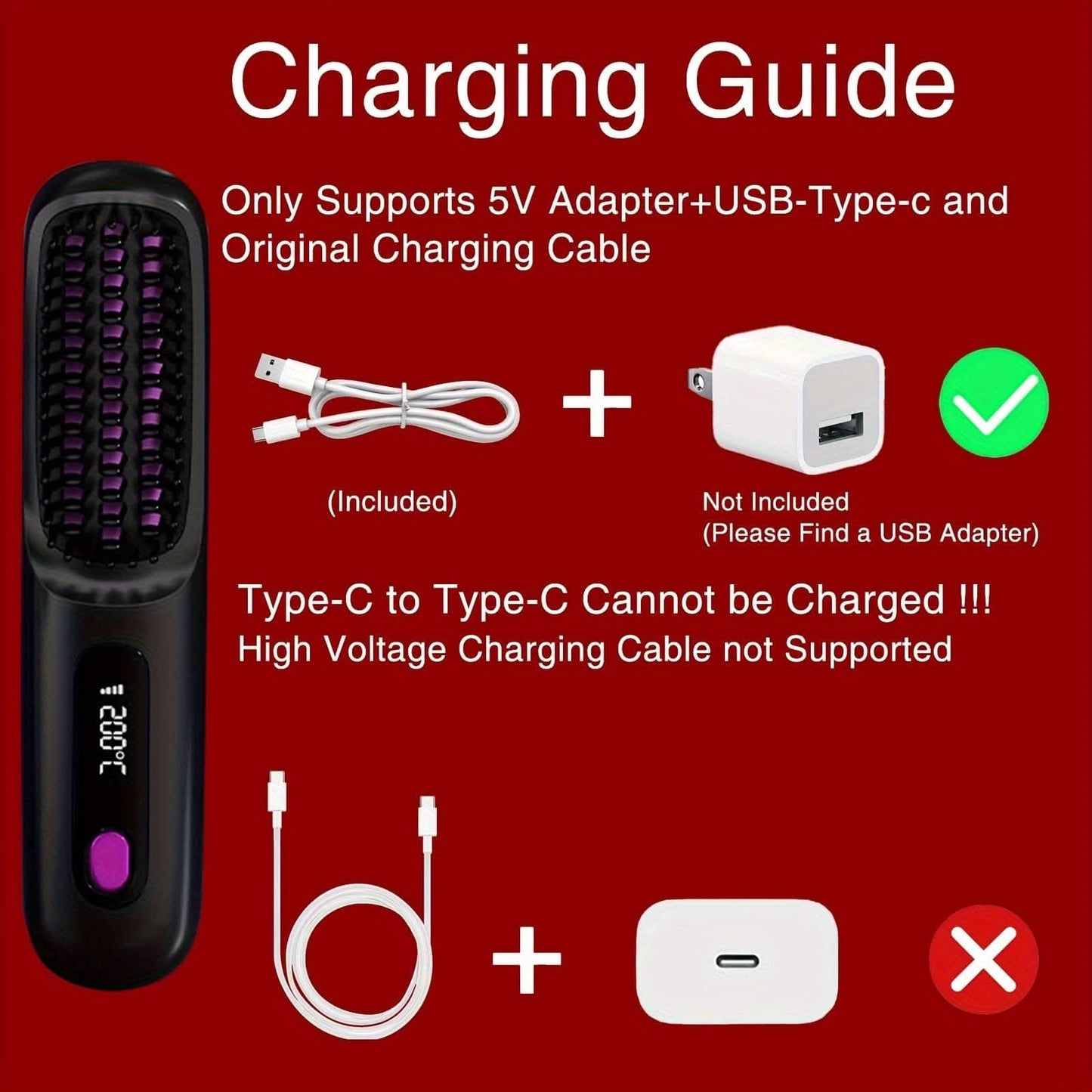 Cordless Hair Straightener Brush -Hot Comb with 3 Temp Settings