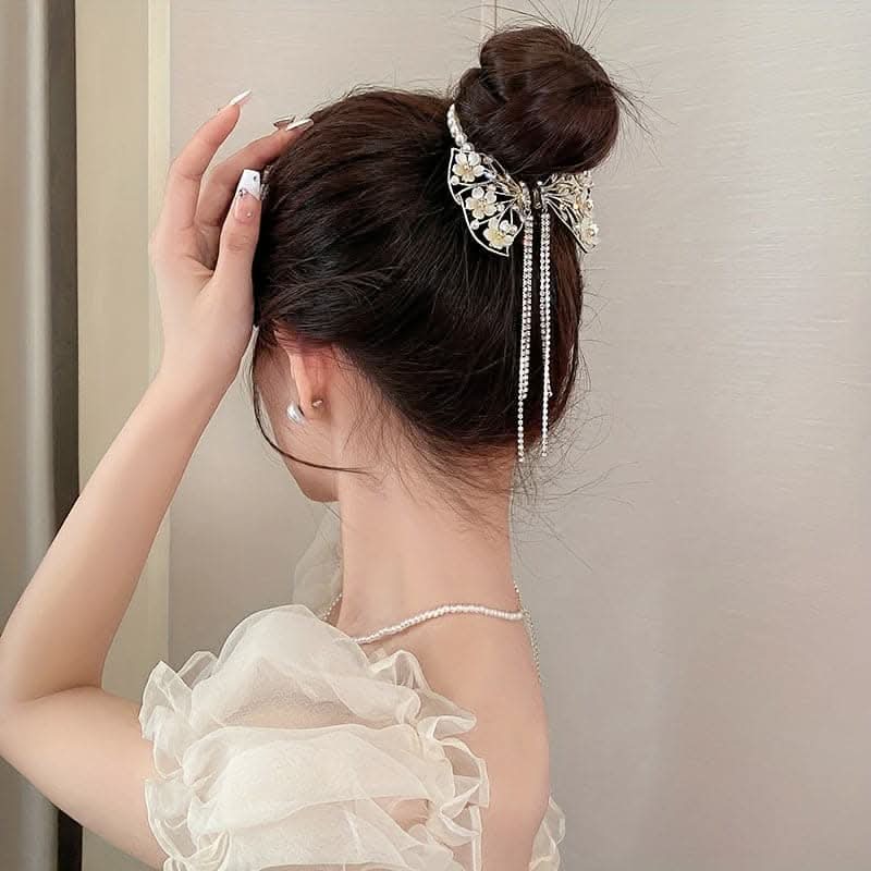 Luxurious Butterfly Flower Hair Clip – Alloy, Pearl & Rhinestone Design