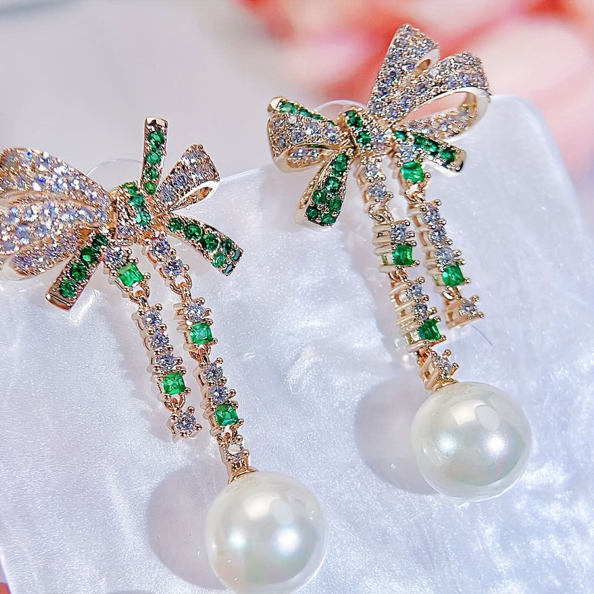 Faux Pearl Bow Dangle Earrings with Zircon