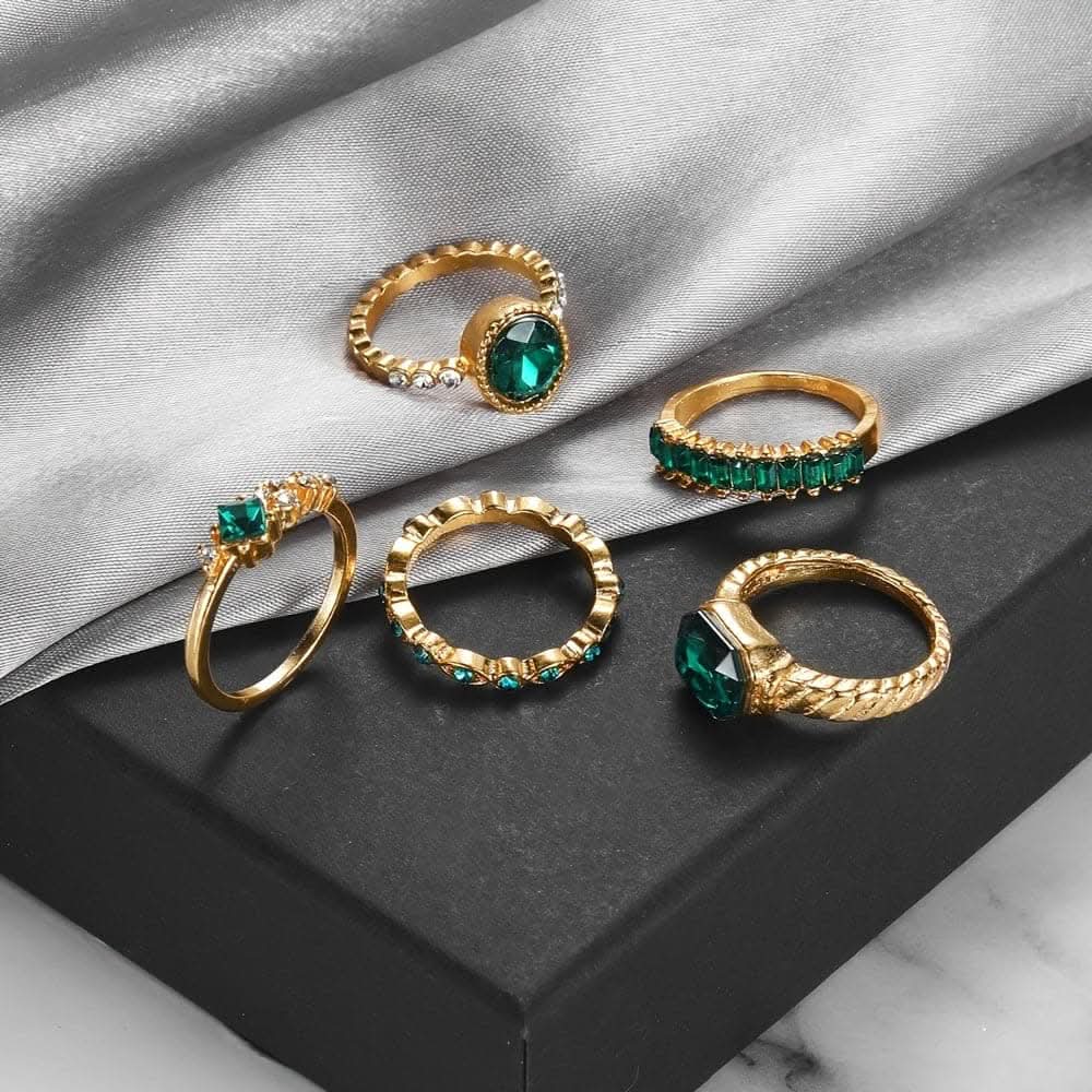Green Rhinestone Ring Set – 5-Piece Geometric Design