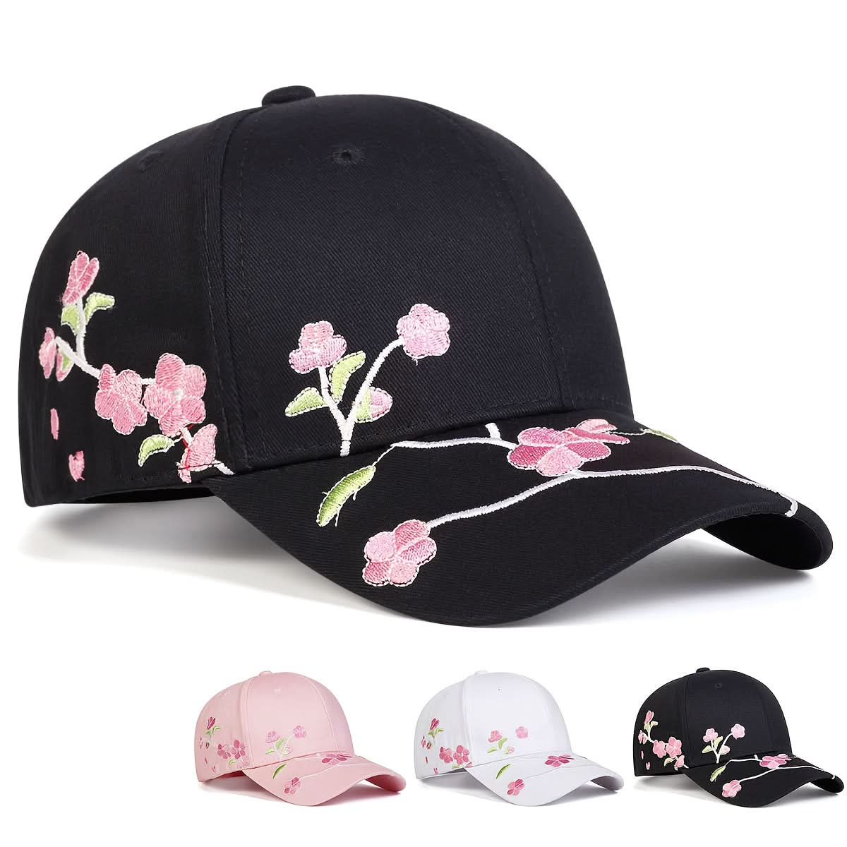 Women’s Floral Embroidered Baseball Cap – Adjustable Lightweight Polyester Hat