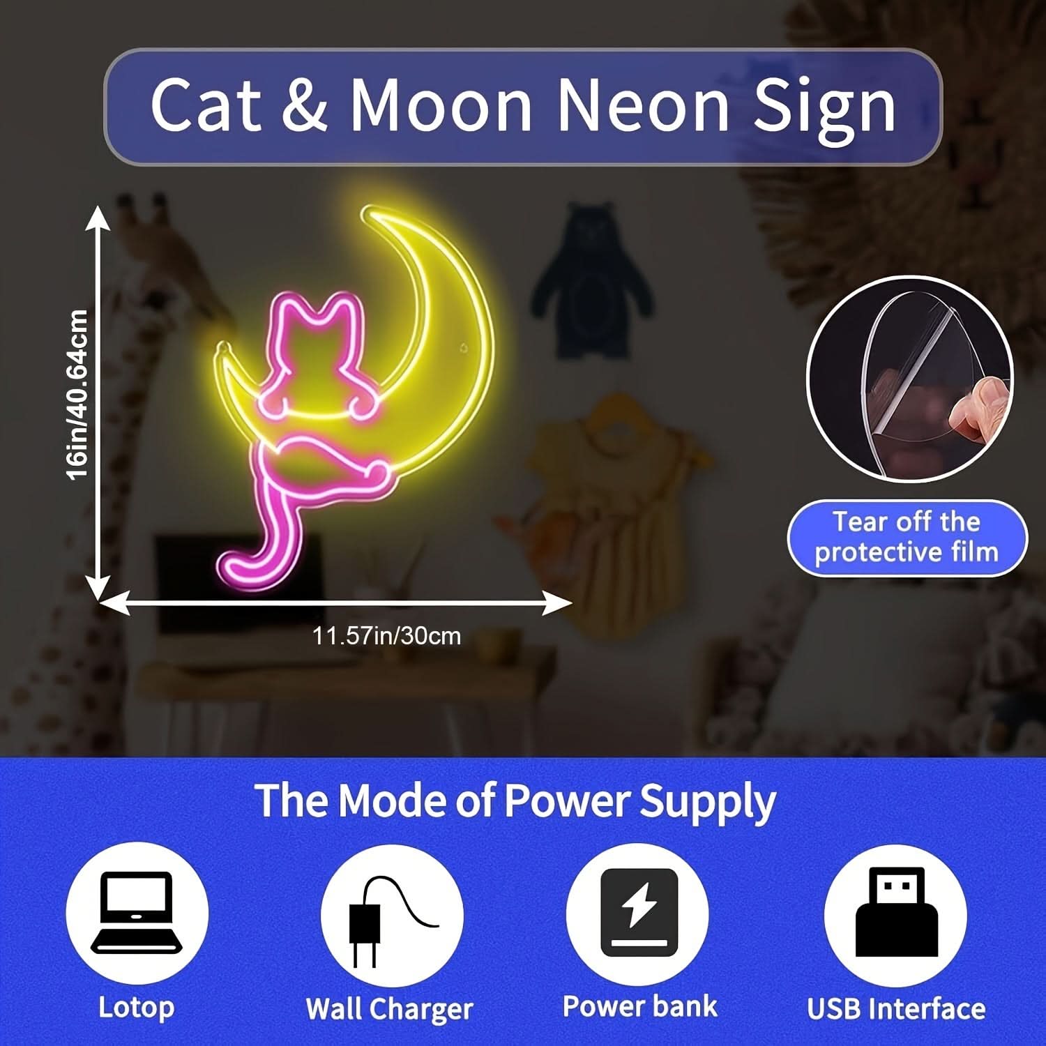 Customizable Cat & Moon Neon Sign - LED Wall Art, USB Powered, Dimmable
