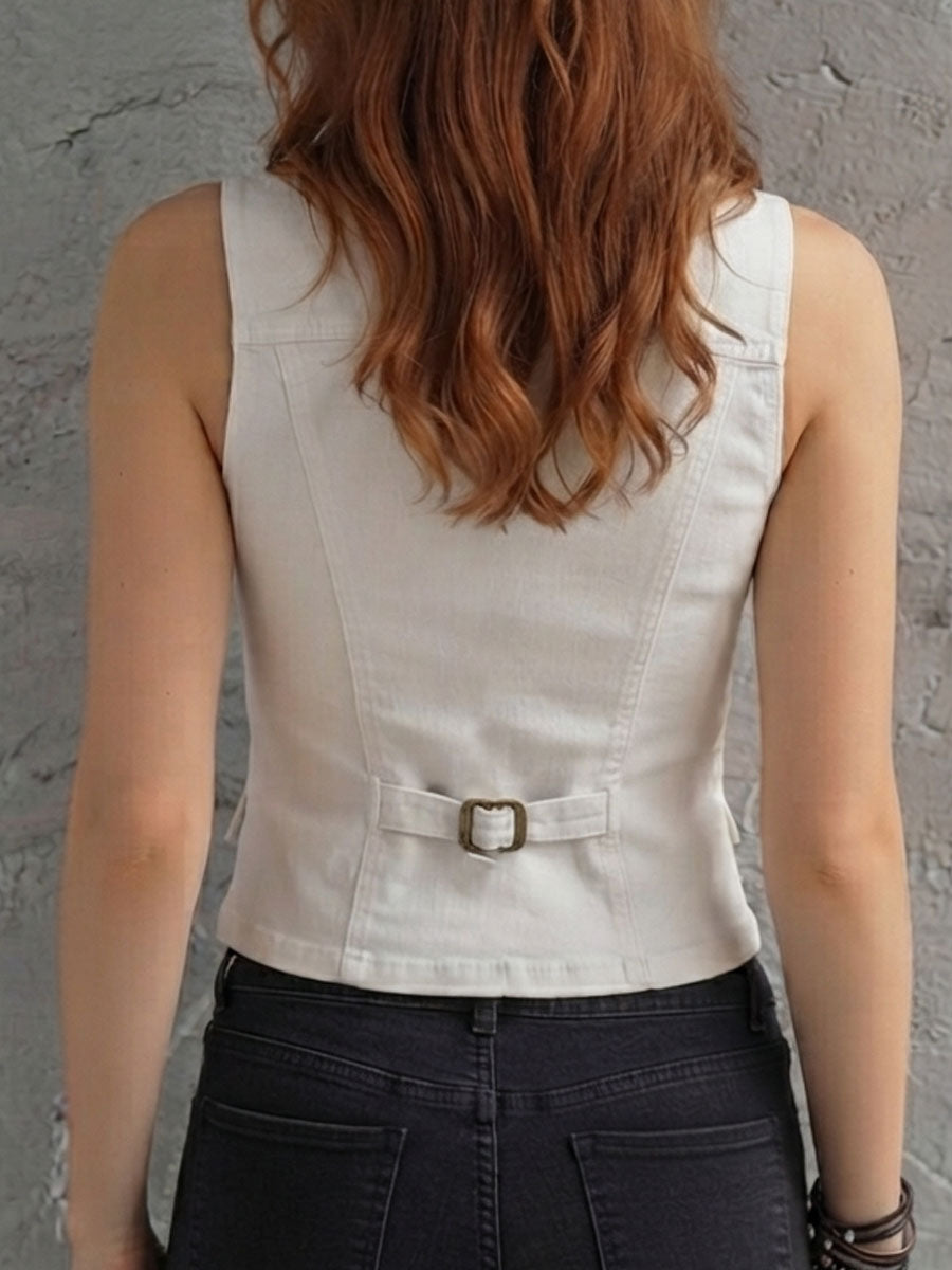 Retro Elegant White Denim Notched Lapel Tailored Corset Vest