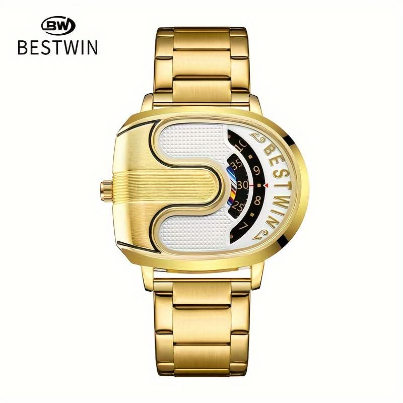 Men’s U-Shaped Digital Quartz Watch – Stainless Steel Band, Date & Stopwatch