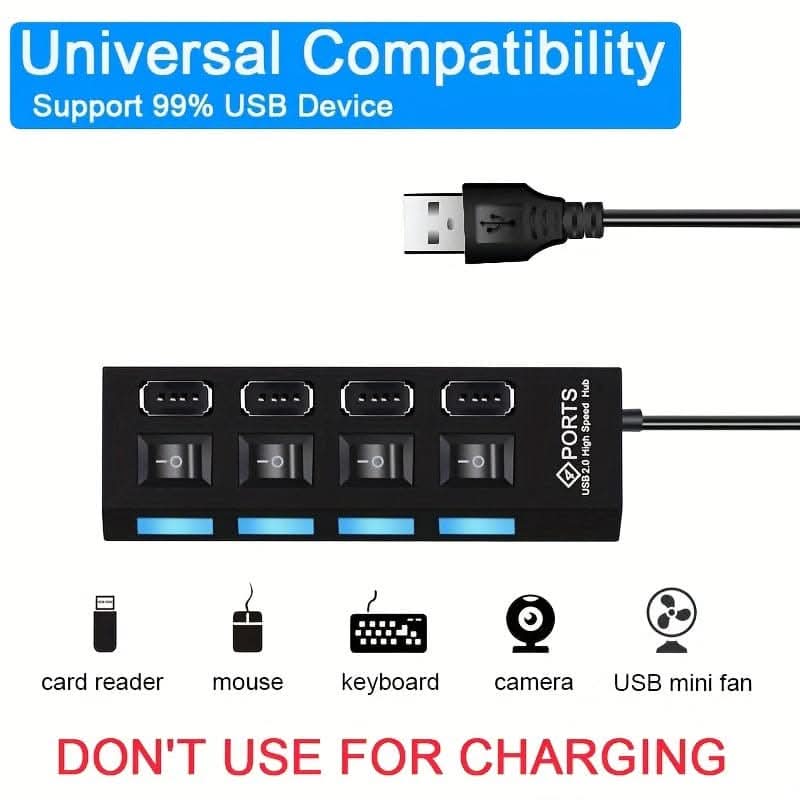 High-Speed 4/7-Port USB 2.0 Hub – Adapter with LED Lamp Switch for PC and Laptop