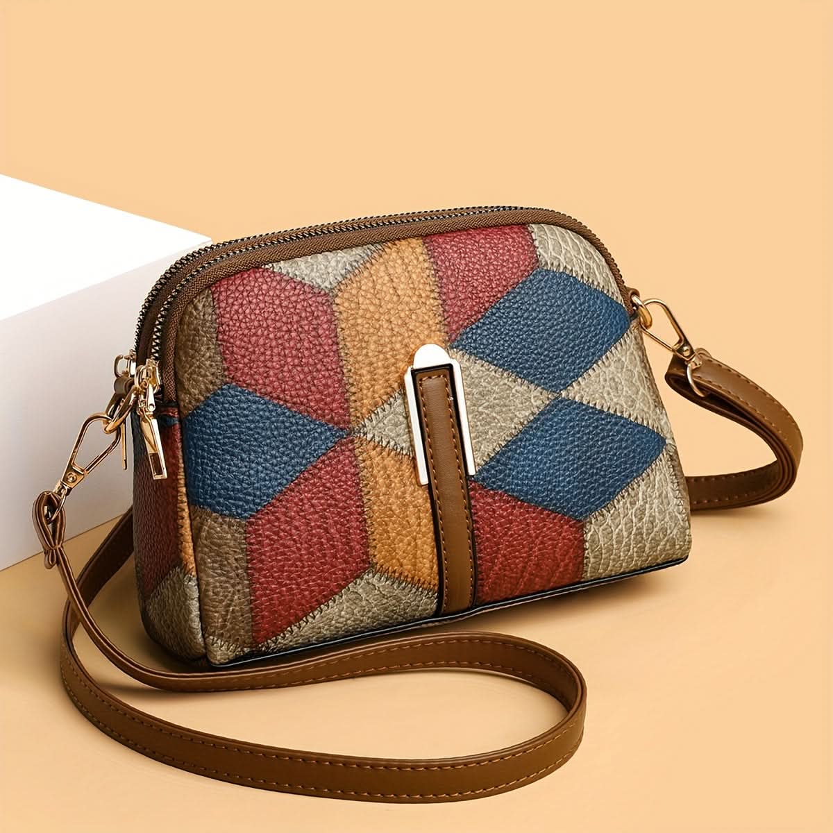 Mini Colorblock Crossbody Bag – Retro Rhombus Print