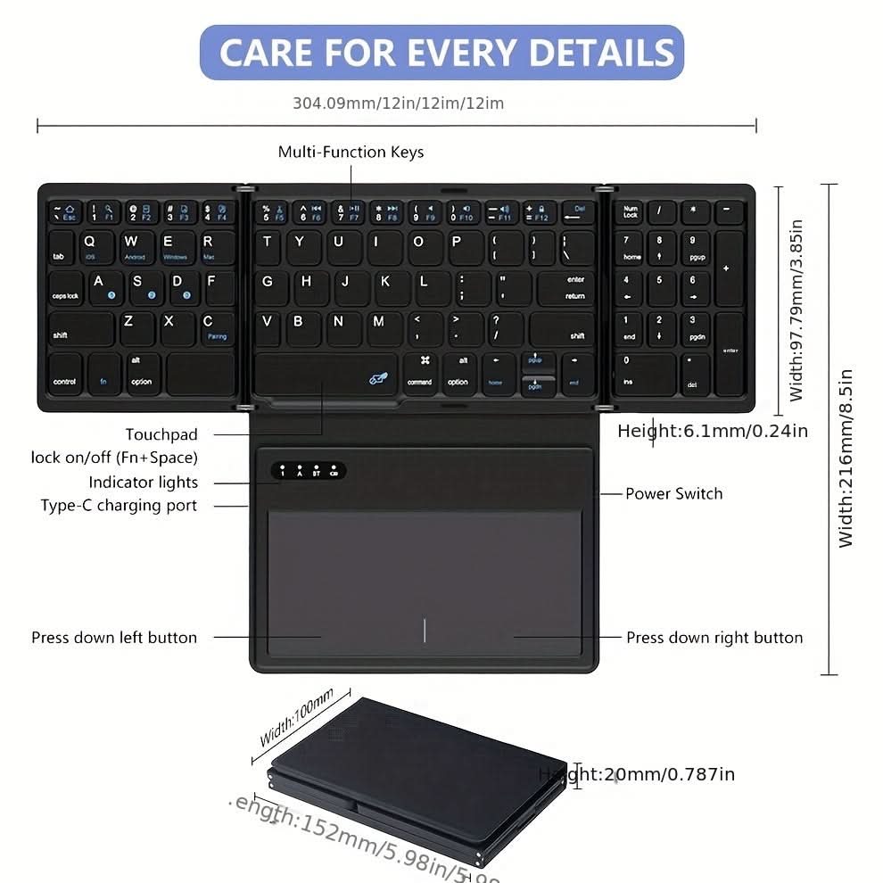 Foldable Wireless Keyboard with Touchpad - Rechargeable Bluetooth Keyboard